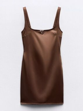 Zara Brown Satin Tank Mini Dress